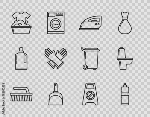 Set line Brush for cleaning, Plastic bottles liquid dishwashing liquid, Electric iron, Dustpan, basin with soap suds, Rubber gloves, Wet floor and progress and Toilet bowl icon. Vector