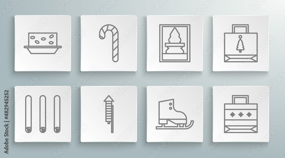 Set line Three rolled sticks of cinnamon, Christmas candy cane with stripes, Firework rocket, Figure skates, paper shopping bag, postcard, and Nougat nuts icon. Vector Set line Three rolled sticks of cinnamon, Christmas candy cane with stripes, Firework rocket, Figure skates, paper shopping bag, postcard, and Nougat nuts icon. Vector