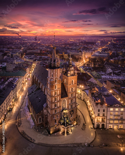 Panorama of Saint Mary's Basilica, Main Square in Krakow, Poland photo