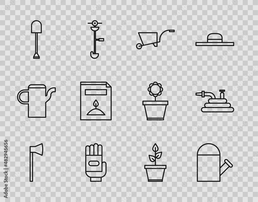 Set line Wooden axe, Watering can, Wheelbarrow, Garden gloves, Shovel, A pack full of seeds of specific plant, Plant pot and hose or fire hose icon. Vector Set line Wooden axe, Watering can, Wheelbarrow, Garden gloves, Shovel, A pack full of seeds of specific plant, Plant pot and hose or fire hose icon. Vector