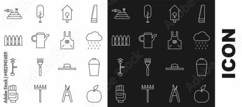 Set line Apple, Bucket, Cloud with rain, Retro wall watch, Watering can, Garden fence wooden, hose or fire hose and Kitchen apron icon. Vector