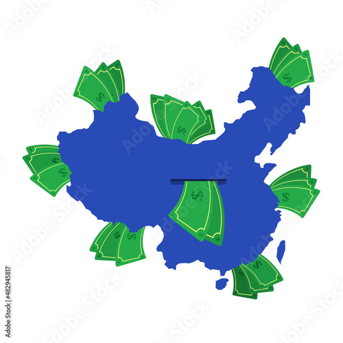 China map in blue with money bills around. Money leaving the center of the country. Economy of chinese country. White background. Isolated.