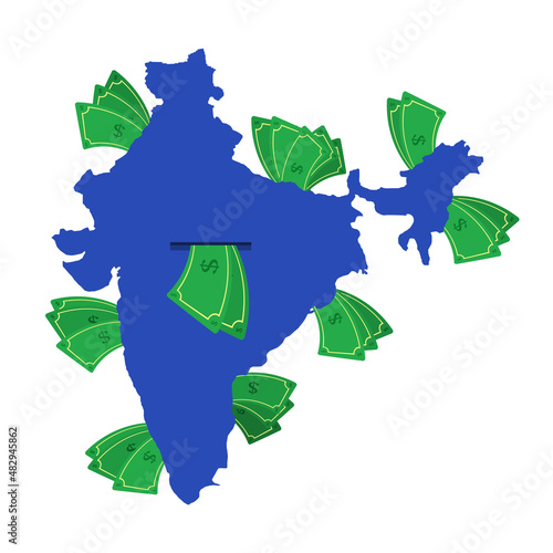 India map in blue with money bills around. Money leaving the center of the country. Economy of indian country. White background. Isolated. 