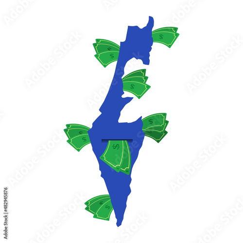 Israel map in blue with money bills around. Money leaving the center of the country. Economy of Israeli country. White background. Isolated.
