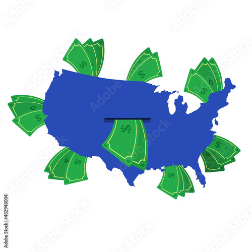 USA map in blue with money bills around. Money leaving the center of the country. Economy of american country. White background. Isolated.