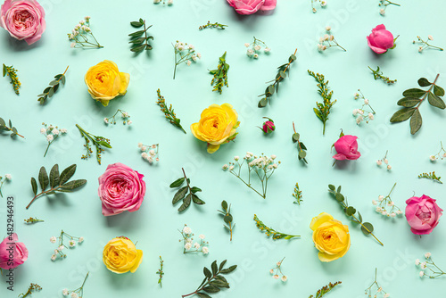 Fototapeta Naklejka Na Ścianę i Meble -  Composition with beautiful flowers on blue background