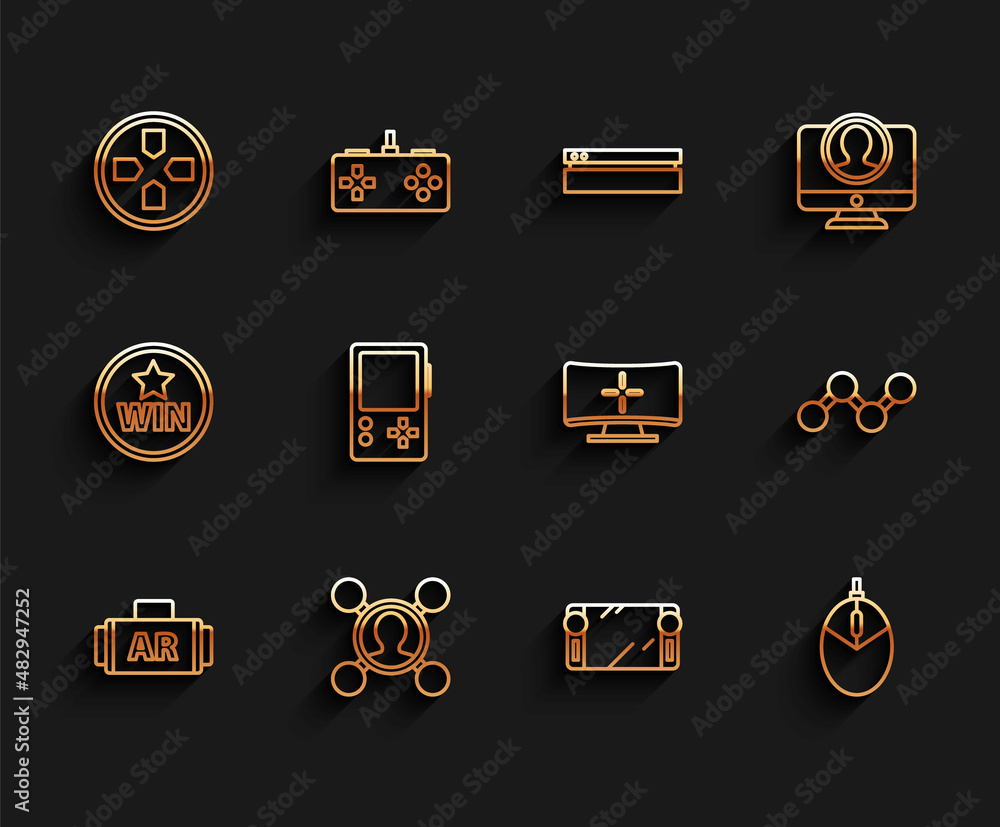 Set line Ar, augmented reality, Share, Gamepad, Portable video game console, Computer mouse gaming, and monitor icon. Vector Set line Ar, augmented reality, Share, Gamepad, Portable video game console, Computer mouse gaming, and monitor icon. Vector