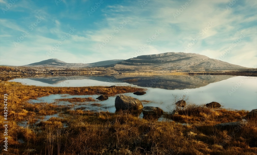 Beautiful morning landscape scenery with mountains reflected in Lake at Burren National Park in county Galway, Ireland 