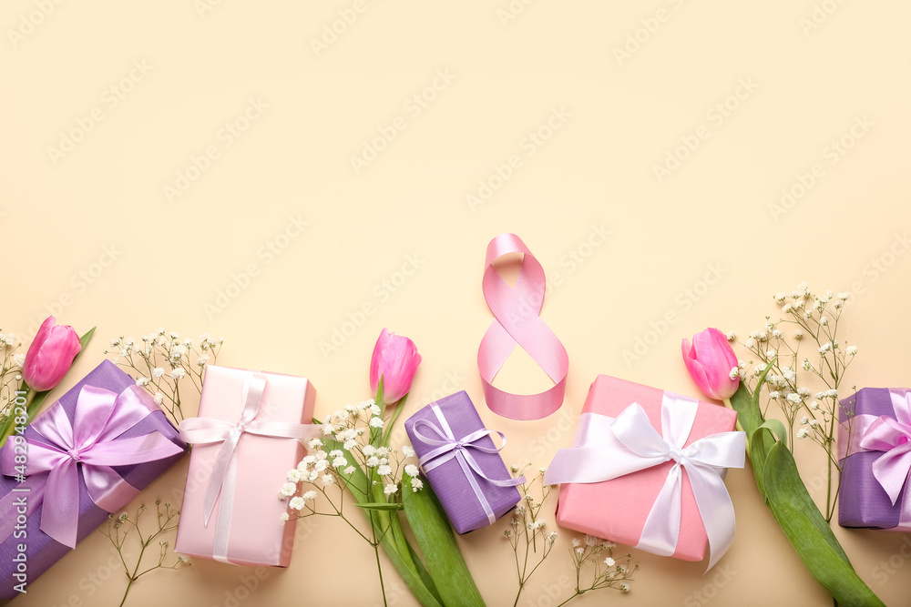 Composition with figure 8 made of ribbon, flowers and gift boxes for International Women's Day celebration on color background
