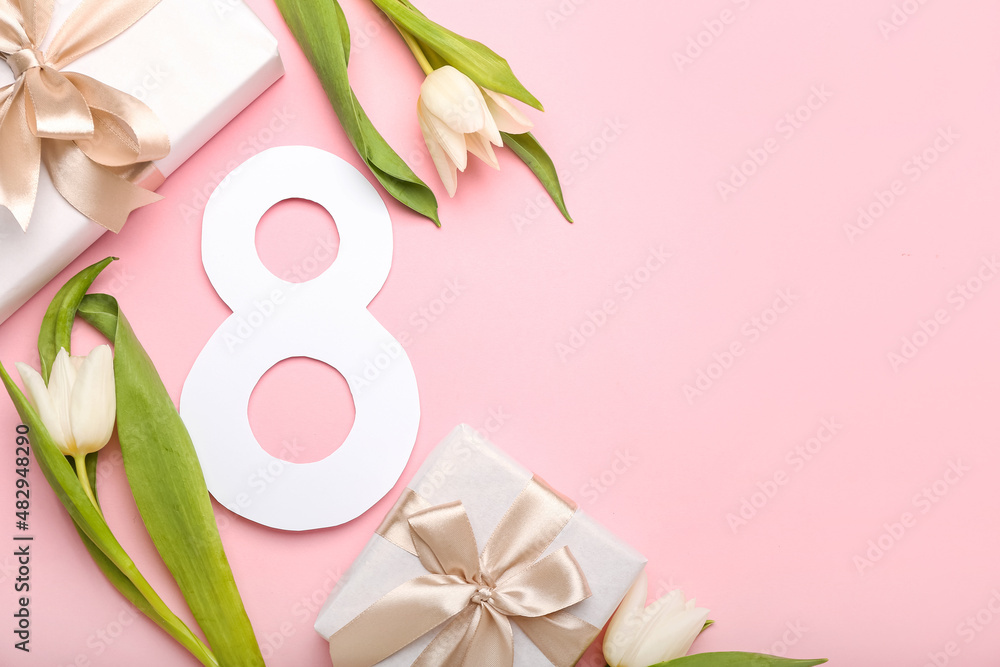 Composition with figure 8, tulips and gift boxes for International Women's Day celebration on pink background