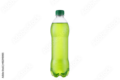 Green soft drink isolated on white background. 
Plastic bottle with a green cap. Apple lemonade.