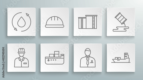 Set line Oilman, Worker safety helmet, tanker ship, Businessman stock market trader, industrial factory building, Barrel oil leak and drop icon. Vector