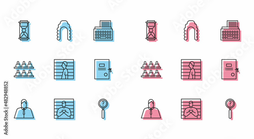 Set line Lawyer, attorney, jurist, Suspect criminal, Old hourglass with sand, Magnifying search, Lawsuit paper, Jurors and Judge wig icon. Vector