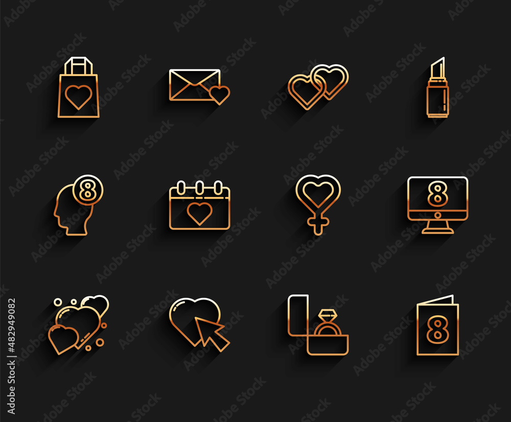 Set line Heart, and cursor click, Shopping bag with heart, Diamond engagement ring, Greeting card 8 March, Calendar, monitore and Female gender symbol icon. Vector Set line Heart, and cursor click, Shopping bag with heart, Diamond engagement ring, Greeting card 8 March, Calendar, monitore and Female gender symbol icon. Vector