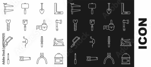 Set line Paint bucket, Construction stapler, Wooden axe, Shovel, Putty knife, Metallic screw, Clamp tool and Angle grinder icon. Vector