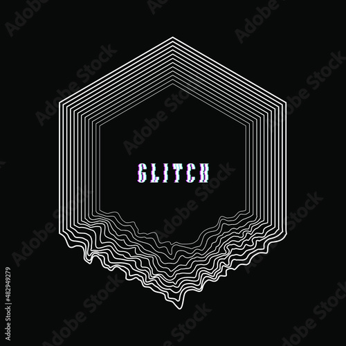 Hexagon shape with glitch distortion. Vector illustration. Trendy design element for frame, logo, tattoo, sign, banners, web, prints, posters, template, pattern and abstract background