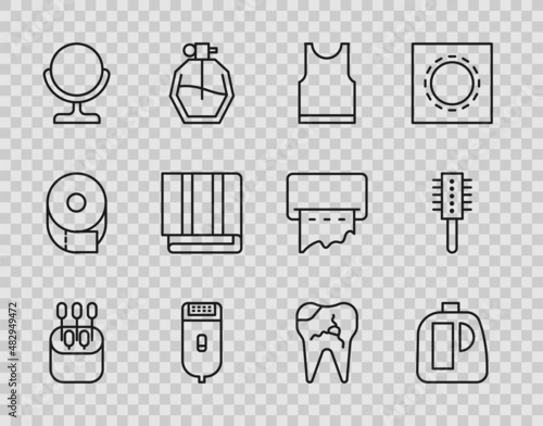 Set line Cotton swab for ears, Bottles cleaning agent, Sleeveless T-shirt, Electrical hair clipper shaver, Round makeup mirror, Towel stack, Broken tooth and Hairbrush icon. Vector
