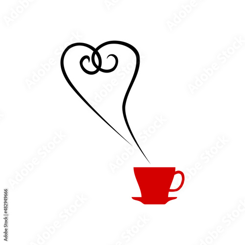Coffee cup hot with hearts steam line icon black on white background.