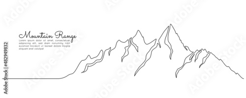 One continuous line drawing of mountain range landscape. Web banner with mounts and high peak in simple linear style. Adventure winter sports and hiking tourism concept. Doodle vector illustration