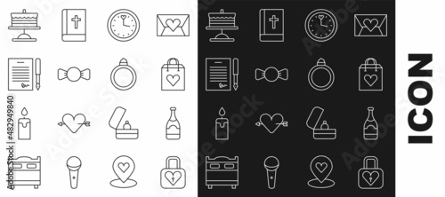 Set line Lock and heart, Champagne bottle, Shopping bag with, Clock, Bow tie, Marriage contract, Cake plate and Diamond engagement ring icon. Vector