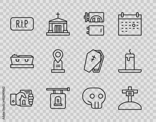Set line Death certificate in hand, Grave with cross, Crematorium, Signboard tombstone, Speech bubble rip death, Location grave, Skull and Burning candle icon. Vector