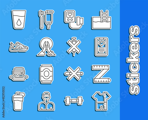 Set line Sport track suit, Tape measure, Medical clipboard, Blood pressure, Meditation, sneakers, Glass with water and No doping syringe icon. Vector