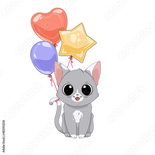 Kot i trzy balony. Ręcznie rysowany uroczy mały szary kotek w łaty. Wektorowa ilustracja zadowolonego, siedzącego kota. Słodki zwierzak. Impreza urodzinowa, życzenia, zaproszenie, plakat, baby shower. photo