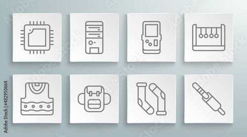 Set line Waistcoat, Computer, School backpack, Socks, Audio jack, Tetris, Pendulum and Processor with CPU icon. Vector