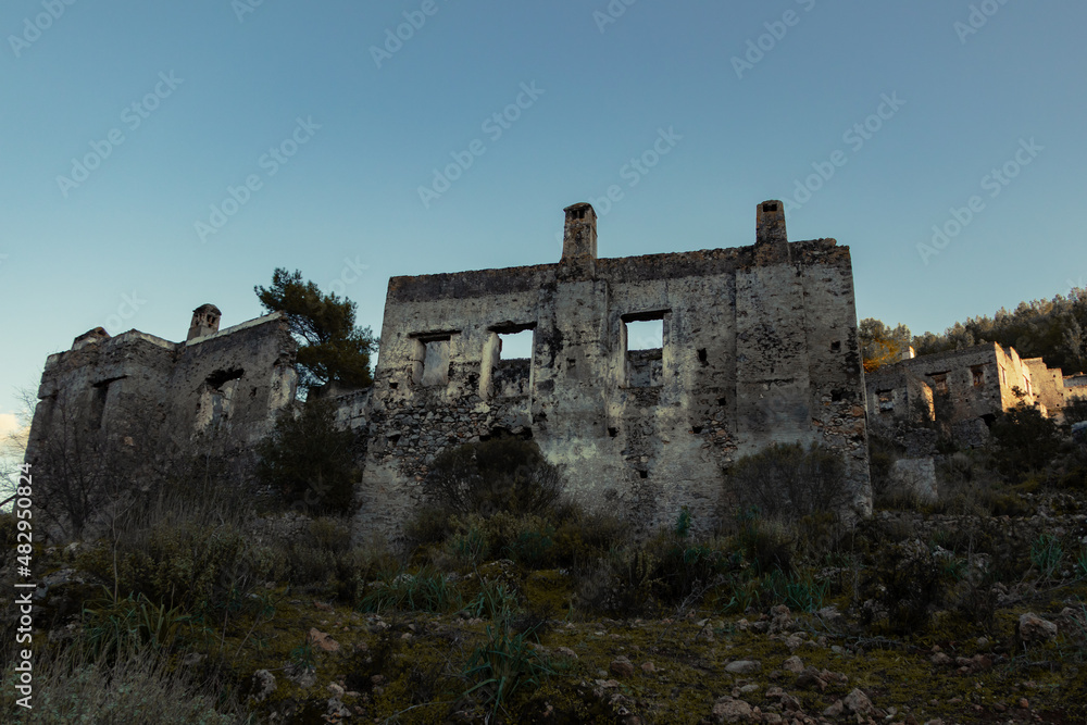 Abandoned houses of ancient village. This place known as ghost town. Must visit places. Fethiye, Muğla, Turkey.