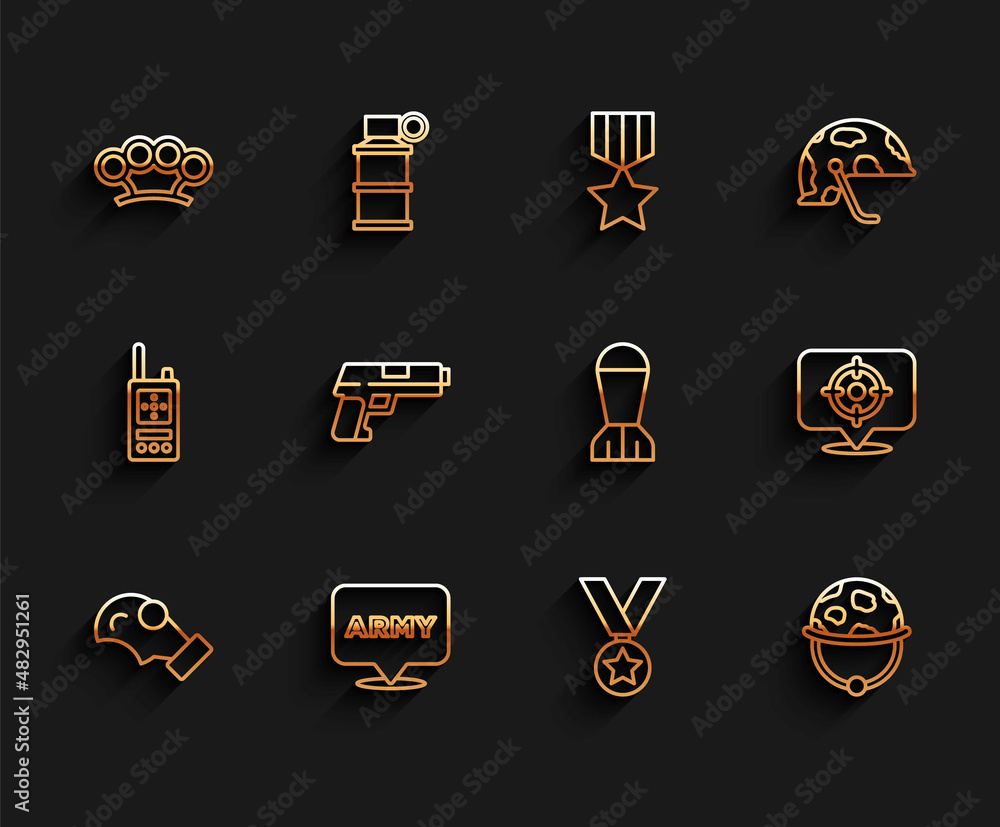 Set line Gas mask, Military army, Brass knuckles, reward medal, helmet, Pistol or gun, Target sport and Aviation bomb icon. Vector Set line Gas mask, Military army, Brass knuckles, reward medal, helmet, Pistol or gun, Target sport and Aviation bomb icon. Vector