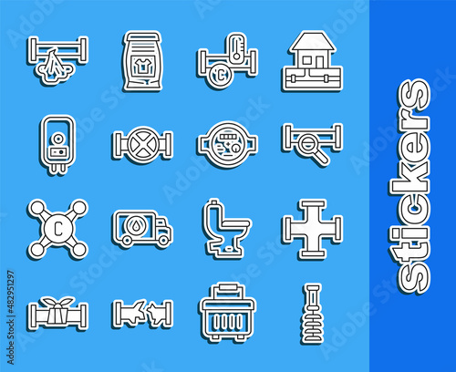 Set line Toilet brush, Industry metallic pipe, and valve, Electric boiler, Broken and Water meter icon. Vector