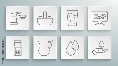 Set line Water cooler, Washbasin with water tap, Jug glass, drop, Washing hands soap, Glass, Chemical formula for H2O and icon. Vector