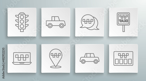 Set line Laptop call taxi service, Car, Location with, Taximeter, telephone, Road sign for stand and Traffic light icon. Vector