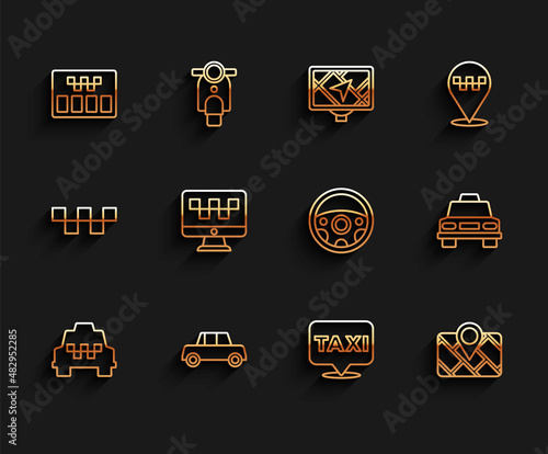 Set line Taxi car, Car, Taximeter, Location with taxi, Gps device map, Computer call service, and Steering wheel icon. Vector