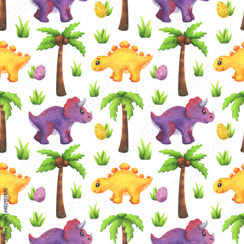 Seamless pattern with dinosaurs in the habitat. Yellow, purple dinosaur on an island on a white background. Children's dinosaur print with Triceratops, Stegosaurus in cartoon style