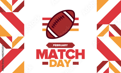 American Football Match Day. Playoff game day. Super Bowl Party in United States. Final game of regular season. Professional team championship. Ball for american football. Sport poster. Vector