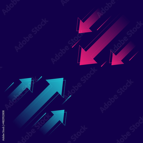 Up and down trend with arrows isolated on dark background. Stock exchange concept. Trader profit and loss. Vector illustration