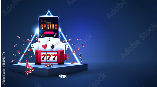 Blue triangular podiums with smartphone, red slot machine, poker chips, playing cards in scene with blue neon triangle border on background