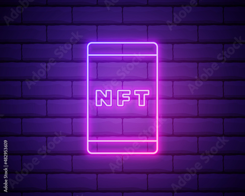 Mobile phone with NFT neon sign. Gadget glowing icon. Vector illustration for design. Technology concept isolated on brick wall