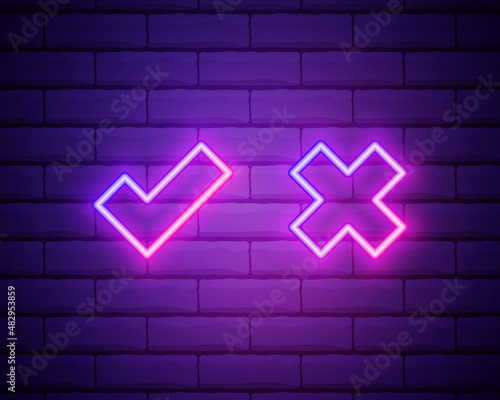 Neon check mark and cross on brick wall. Pink tick and decline symbol isolated on brick wall. Accept and reject. Right and wrong. Bright neon design for games, app, web page. Vector illustration.