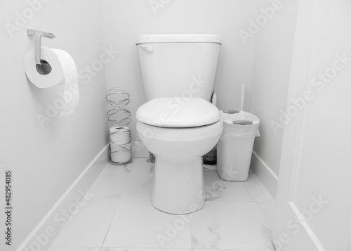 Toilet with metallic toilet paper roll holder and garbage can on floor in white modern bathroom