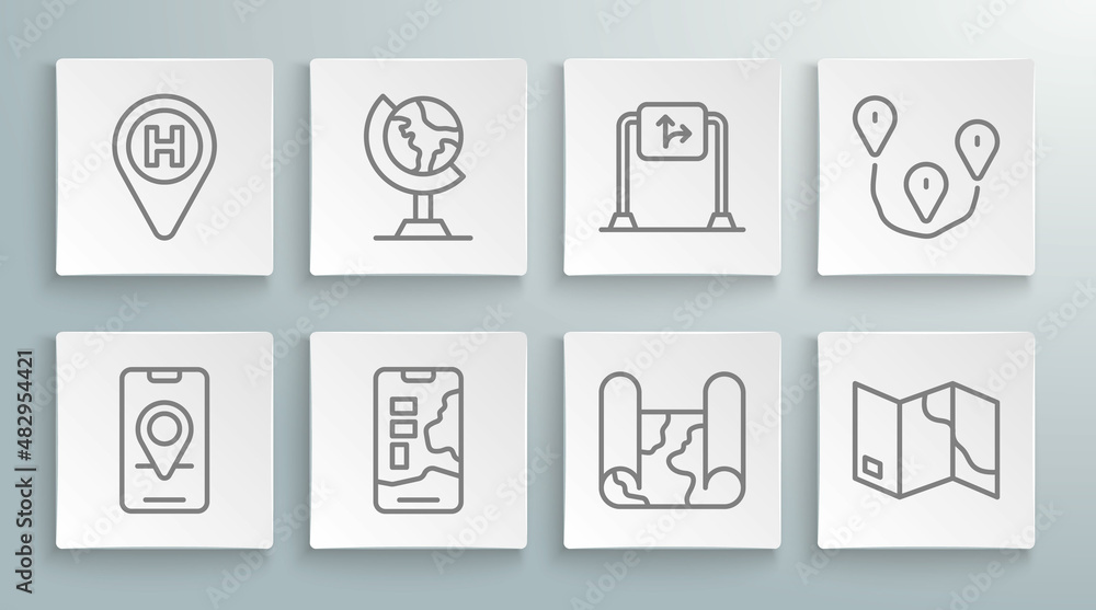 Set line City map navigation, Earth globe, Folded, Road traffic sign, Route location and Helicopter landing pad icon. Vector Set line City map navigation, Earth globe, Folded, Road traffic sign, Route location and Helicopter landing pad icon. Vector