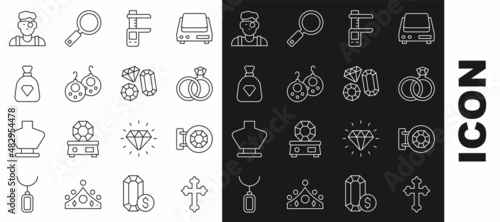 Set line Christian cross, Jewelry store, Wedding rings, Calliper caliper and scale, Earrings, Bag with gems, Jeweler man and Gem stone icon. Vector