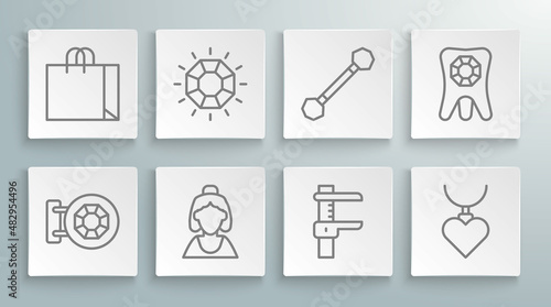 Set line Jewelry store, Diamond, Consultant of jewelry, Calliper caliper and scale, Necklace with heart shaped pendant, Piercing, Tooth diamond and Shopping bag icon. Vector
