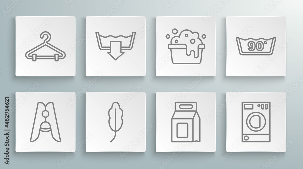 Set line Clothes pin, Washing modes, Feather, Laundry detergent, Washer, Basin with soap suds, Temperature wash and Hanger wardrobe icon. Vector Set line Clothes pin, Washing modes, Feather, Laundry detergent, Washer, Basin with soap suds, Temperature wash and Hanger wardrobe icon. Vector