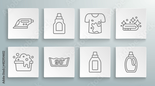 Set line Basin with soap suds, Bottle for cleaning agent, Temperature wash, Dirty t-shirt, Towel stack and Electric iron icon. Vector