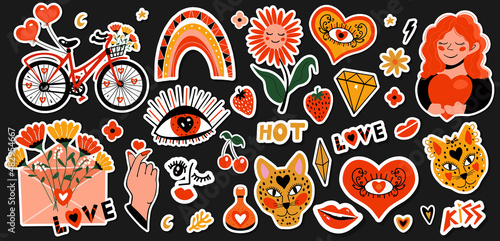 Big set of cool stickers love cartoon style, funny Comic character. Hot love flirting concept. Valentine's Day. Hand drawn. Trendy modern design. Sticker collection. Vector clip-art