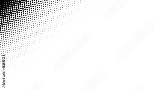 Halftone corner texture. Faded dot pattern for design prints. Bg abstract gradient. Black geometric background for overlay effect. Subtle patern. Digital polka. Dots gradation. Vector illustration