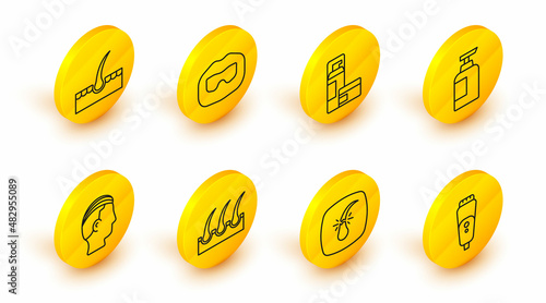 Set line Electric razor blade, Broken hair follicle, Human, Hairstyle for men, Bottle of shampoo, Shaving gel foam, Mustache and beard and icon. Vector