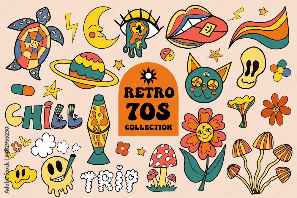 Retro 70s vibe, hippie stickers, psychedelic trippy groovy elements.  Cartoon funky sticker vintage hippy style element. vector illustration  vector de Stock | Adobe Stock